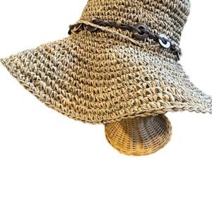 Scala Women's Brown Floppy Wide Brim Straw Hat Beaded Boho Sun Protection